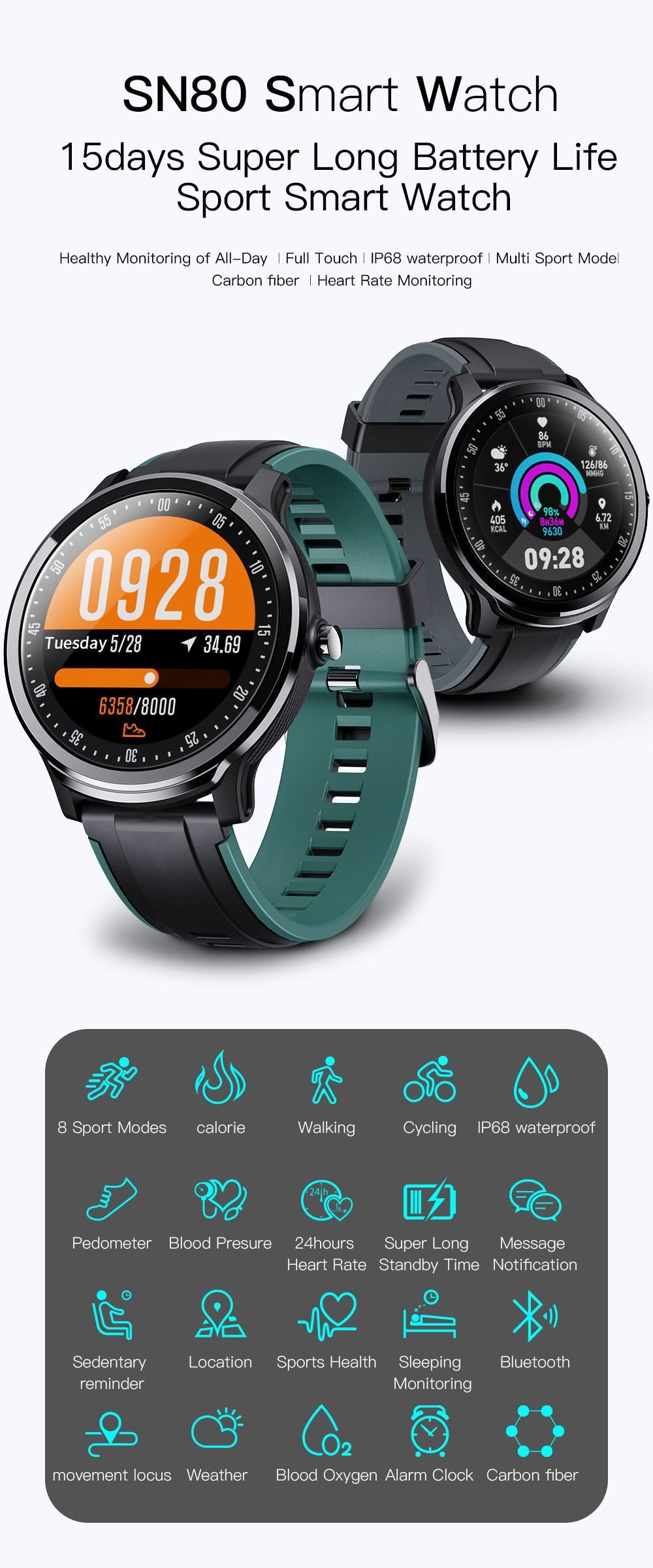 Nouvelle montre connectée SN80, montre de mode et tracker d'activité physique