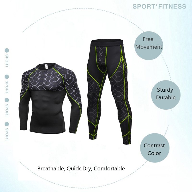 Ensemble de jogging de compression pour hommes, vêtements de sport, t-shirt long et pantalon, collants d'entraînement de fitness, 2 pièces