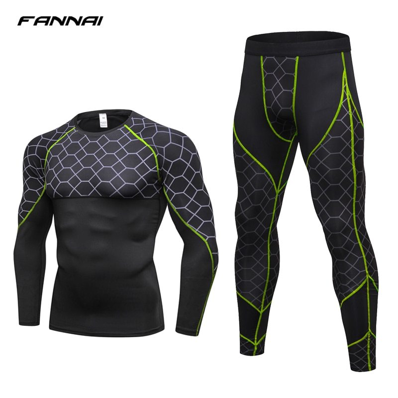 Ensemble de jogging de compression pour hommes, vêtements de sport, t-shirt long et pantalon, collants d'entraînement de fitness, 2 pièces
