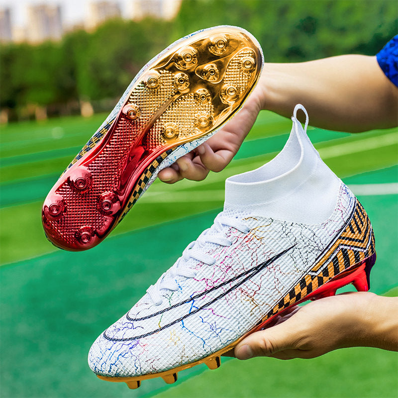 Zapatos de fútbol de caña alta con suela dorada para entrenamiento, para estudiantes de secundaria, de césped artificial, para hombre