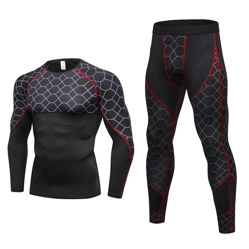 Ensemble de jogging de compression pour hommes, vêtements de sport, t-shirt long et pantalon, collants d'entraînement de fitness, 2 pièces